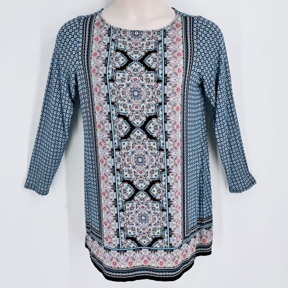 J.Jill Women's Tunic Size M Blue Geometric Print Long Sleeve Modest Cut - Picture 1 of 11